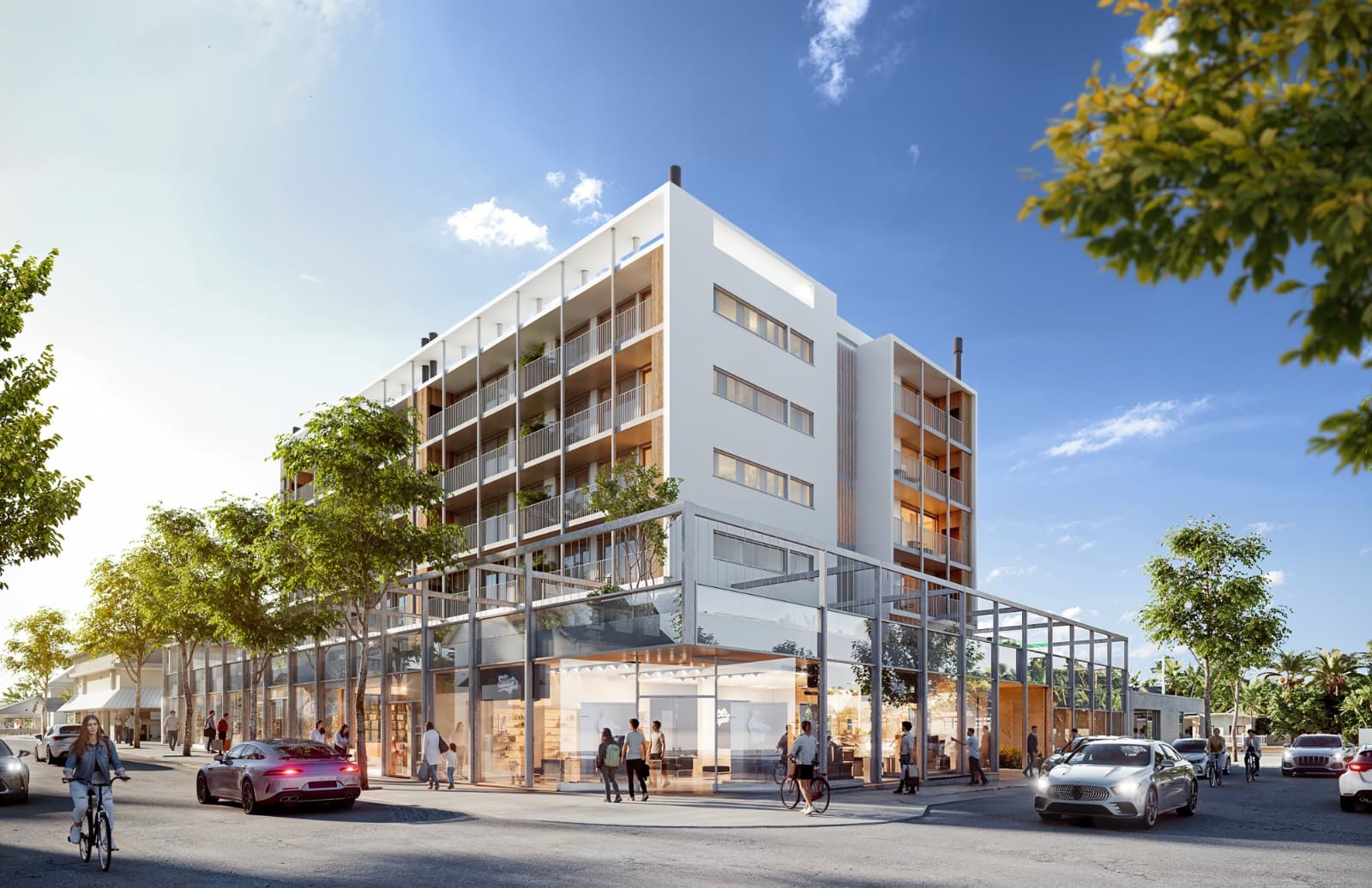 Planta baja comercial de Jacarandá, con su fachada vidriada en la esquina de Oribe y Monseñor E. Cabrera