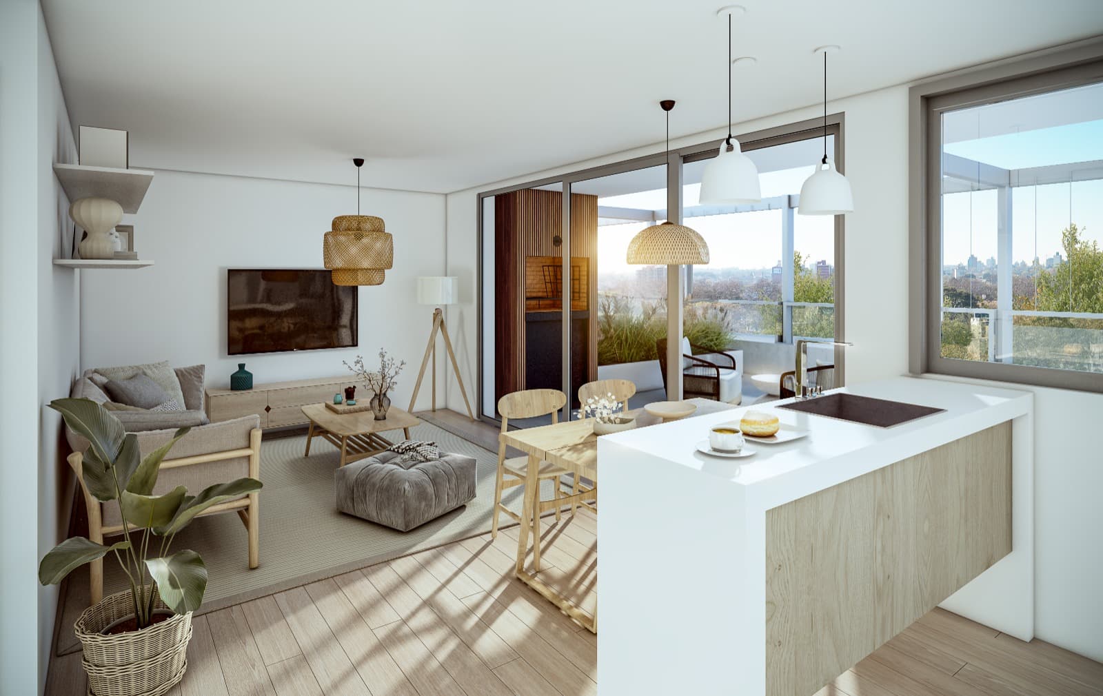 Living, comedor y cocina integrada de una unidad de Jacarandá, de estética nórdica y cálida